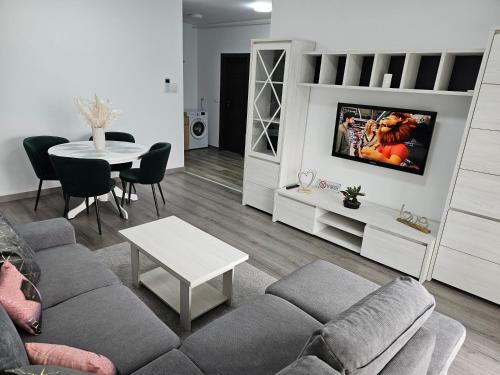 a living room with a couch and a table at Apartament Cristal in Arad