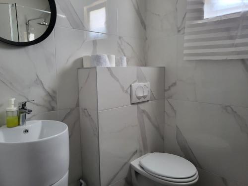a white bathroom with a toilet and a sink at Apartments Grgic in Njivice