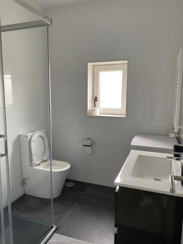 a white bathroom with a toilet and a sink at A Xaneiriña in Camariñas