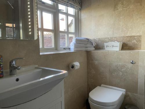 a bathroom with a sink and a toilet and a window at The Old Coach House in Redlynch