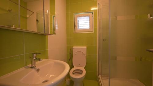 baño verde con aseo y lavamanos en SOL ET PAX, en Veliki Drvenik