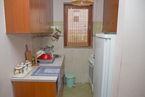 a small kitchen with a counter and a sink at Apartman Sunce in Golubac