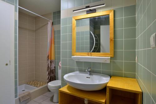 a bathroom with a sink and a mirror and a toilet at Résidence Joséphine in Châtel