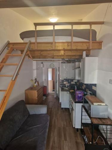 a living room with a loft bed and a kitchen at Studio Flat with cosy antresol in Milton Keynes