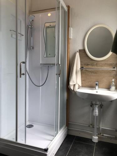 a bathroom with a shower and a sink at Retro-Sonnenbring B&B in Sønderborg