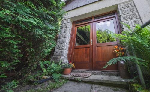 a wooden door of a house with potted plants at Chaloupka pod skalou in Libošovice