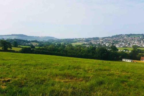 a field of green grass with a city in the background at Park Gate, Colyton, farm,near beaches-‘Annie’ in Colyton