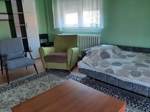 1 dormitorio con 1 cama, 1 silla y 1 ventana en City Park Rooms, en Vranje