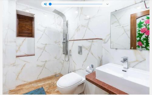 a bathroom with a toilet and a sink and a mirror at Anthy’s à la Campagne in Benaulim