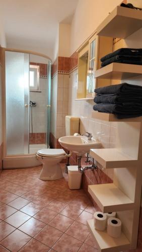 La salle de bains est pourvue de toilettes, d'un lavabo et d'une douche. dans l'établissement Villa Darinka, à Fažana