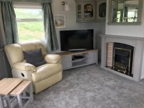 a living room with a couch and a television and a fireplace at Park gate house farm holidays, Colyton-‘Elizabeth in Colyton