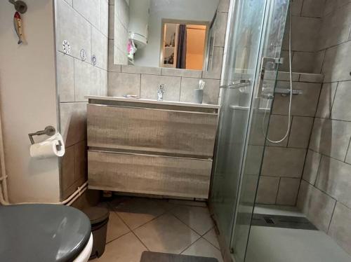 une salle de bain avec une douche, un lavabo et des toilettes dans l'établissement Appartement en rez-de-chaussée avec terrasse à Narbonne Plage 4MED301, à Narbonne-Plage