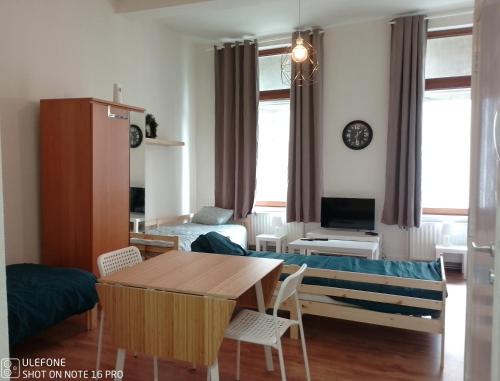 a living room with a table and a couch at Logement Régence in Liège