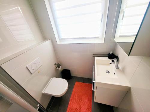 a bathroom with a toilet and a sink and a window at Calm and modern apartment in Eischen