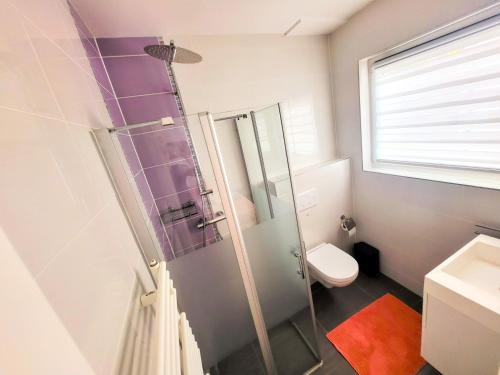 a bathroom with a shower and a toilet at Calm and modern apartment in Eischen