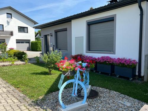 a blue bike with flowers on it in front of a house at Ferienhaus Mary im Südburgenland in Kirchfidisch