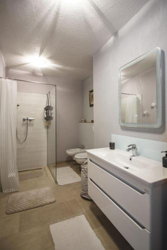 a bathroom with a sink and a shower and a toilet at R&J's Home in Bihać