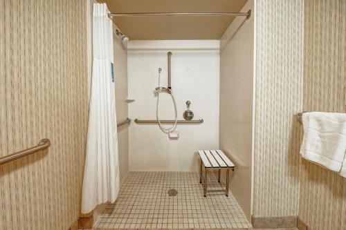 a bathroom with a shower with a shower curtain at Hampton Inn Blytheville in Blytheville