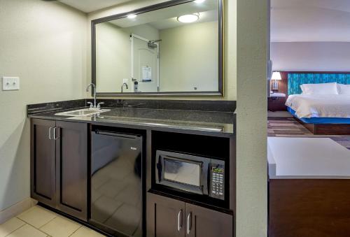 a bathroom with a sink and a mirror and a bed at Hampton Inn & Suites Chicago Southland-Matteson in Matteson