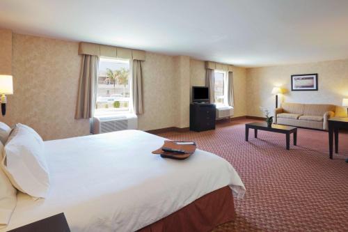 Habitación de hotel con cama grande y sala de estar. en Hampton Inn by Hilton Ciudad Victoria, en Ciudad Victoria