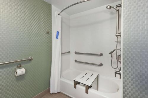a bathroom with a shower and a sink and a toilet at Hampton Inn Clinton in Clinton