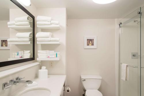 biała łazienka z toaletą i prysznicem w obiekcie Hampton Inn Columbus/Taylorsville w mieście Edinburgh