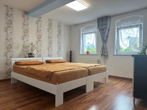 a bed in a bedroom with two windows at Käthe-Kollwitz - Straße 54, F3 in Altenburg