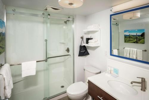 een badkamer met een douche, een toilet en een wastafel bij Hampton Inn Long Island/Commack in Commack