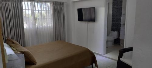 1 dormitorio con 1 cama y TV en la pared en Sol Mar Alegre, en Boca Chica