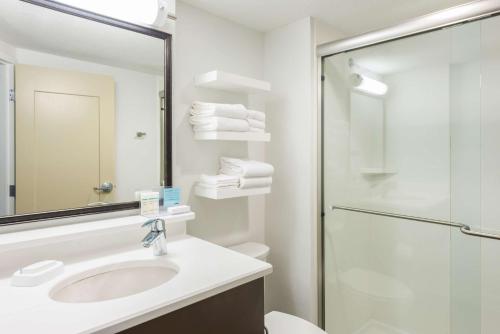 a bathroom with a sink and a shower at Hampton Inn Columbia in Columbia