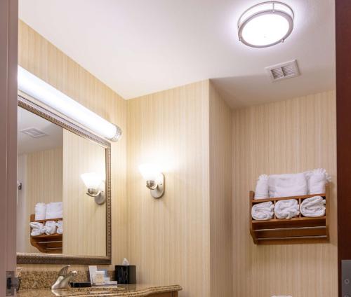 ein Badezimmer mit einem Waschbecken, einem Spiegel und Handtüchern in der Unterkunft Hampton Inn Alice in Alice