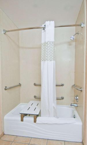 a bath tub with a shower curtain in a bathroom at Hampton Inn Canton in Canton
