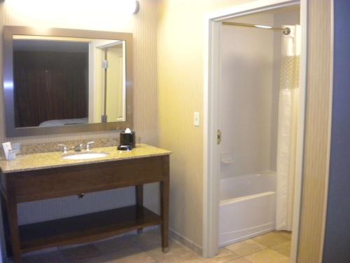 a bathroom with a sink and a shower with a mirror at Hampton Inn & Suites Cincinnati / Uptown - University Area in Cincinnati