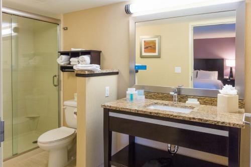 uma casa de banho com um WC, um lavatório e um espelho. em Hampton Inn Daytona Beach/Beachfront em Daytona Beach
