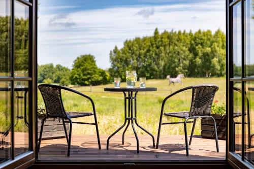 a table and chairs on a porch with a horse in the field at Jurta Pod Brzozami in Pogrodzie