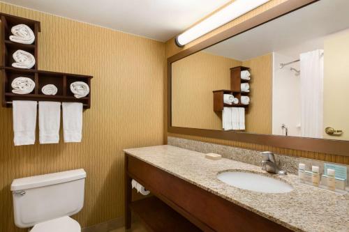 uma casa de banho com um lavatório, um espelho e um WC. em Hampton Inn Denver West Federal Center em Lakewood