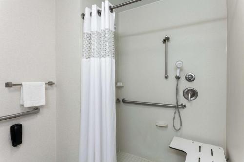 y baño con ducha y cortina de ducha. en Hampton Inn Ozark en Ozark