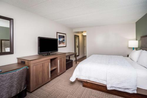a hotel room with a bed and a flat screen tv at Hampton Inn Dover in Dover