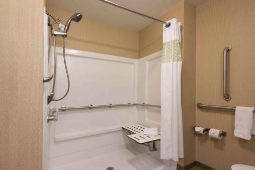 a bathroom with a shower and a toilet at Hampton Inn & Suites Danville in Danville