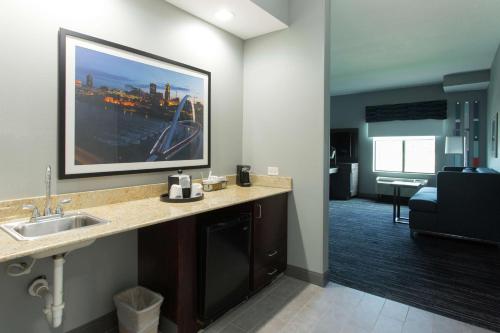 una habitación de hotel con lavabo y una gran foto en la pared en Hampton Inn & Suites Ankeny, en Ankeny