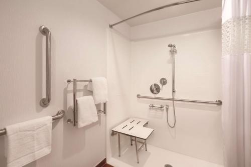 a white bathroom with a shower and a toilet at Hampton Inn Des Moines-Airport in Des Moines