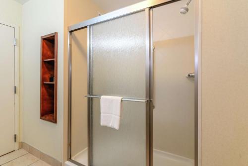 a shower with a glass door in a bathroom at Hampton Inn & Suites Detroit/Chesterfield in Chesterfield