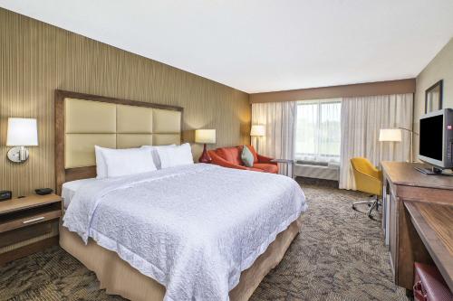 Habitación de hotel con cama y TV en Hampton Inn Detroit/Belleville-Airport Area, en Belleville