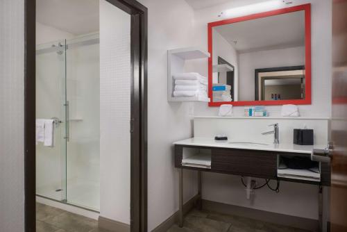 a bathroom with a sink and a mirror and a shower at Hampton Inn Eagle Pass in Eagle Pass