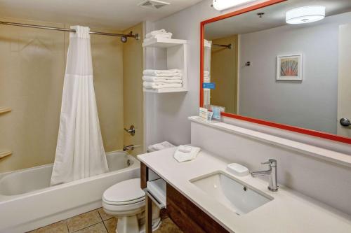 ein Badezimmer mit einem Waschbecken, einer Badewanne und einem WC in der Unterkunft Hampton Inn Elizabeth City in Elizabeth City