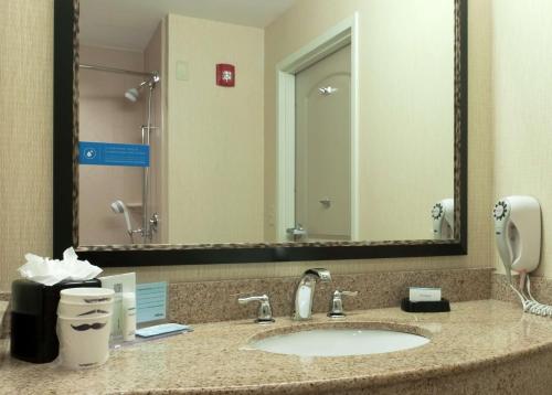 a bathroom with a sink and a large mirror at Hampton Inn North Brunswick NJ in North Brunswick