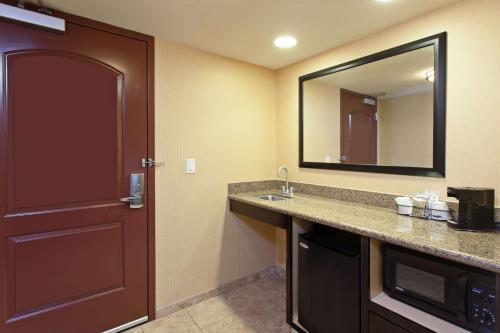 La salle de bains est pourvue d'une porte, d'un lavabo et d'un miroir. dans l'établissement Hampton Inn & Suites Fresno - Northwest, à Herndon