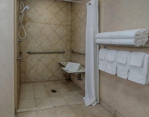 a bathroom with a shower and white towels at Hampton Inn Spring Lake Fayetteville in Spring Lake