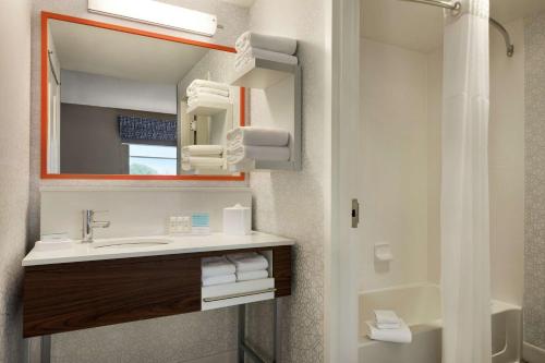a bathroom with a sink and a mirror and a tub at Hampton Inn & Suites Frederick/Fort Detrick in Frederick