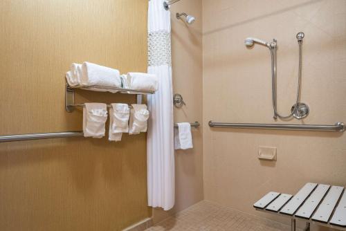a bathroom with a shower and a toilet with towels at Hampton Inn & Suites Florence-North-I-95 in Florence